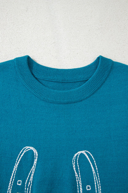 Light Blue Horse Shoe Embroidered Loose Short Sleeve Sweater