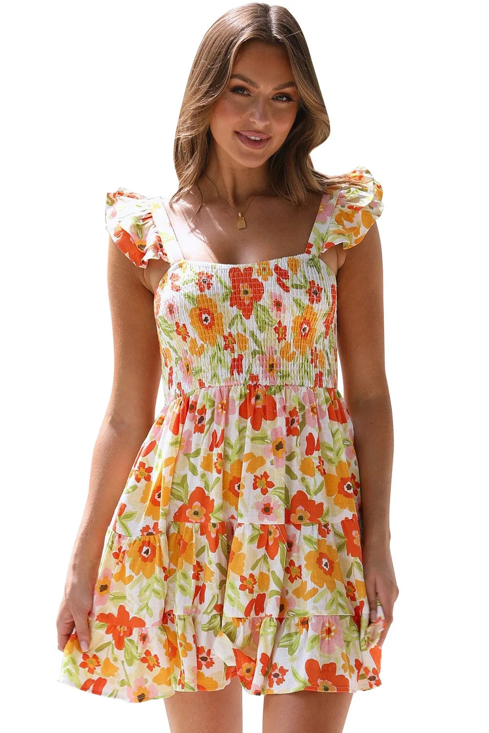 Multicolor Ruffled Shirred Sleeveless High Rise Floral Mini Dress - Chic Meadow Boutique 