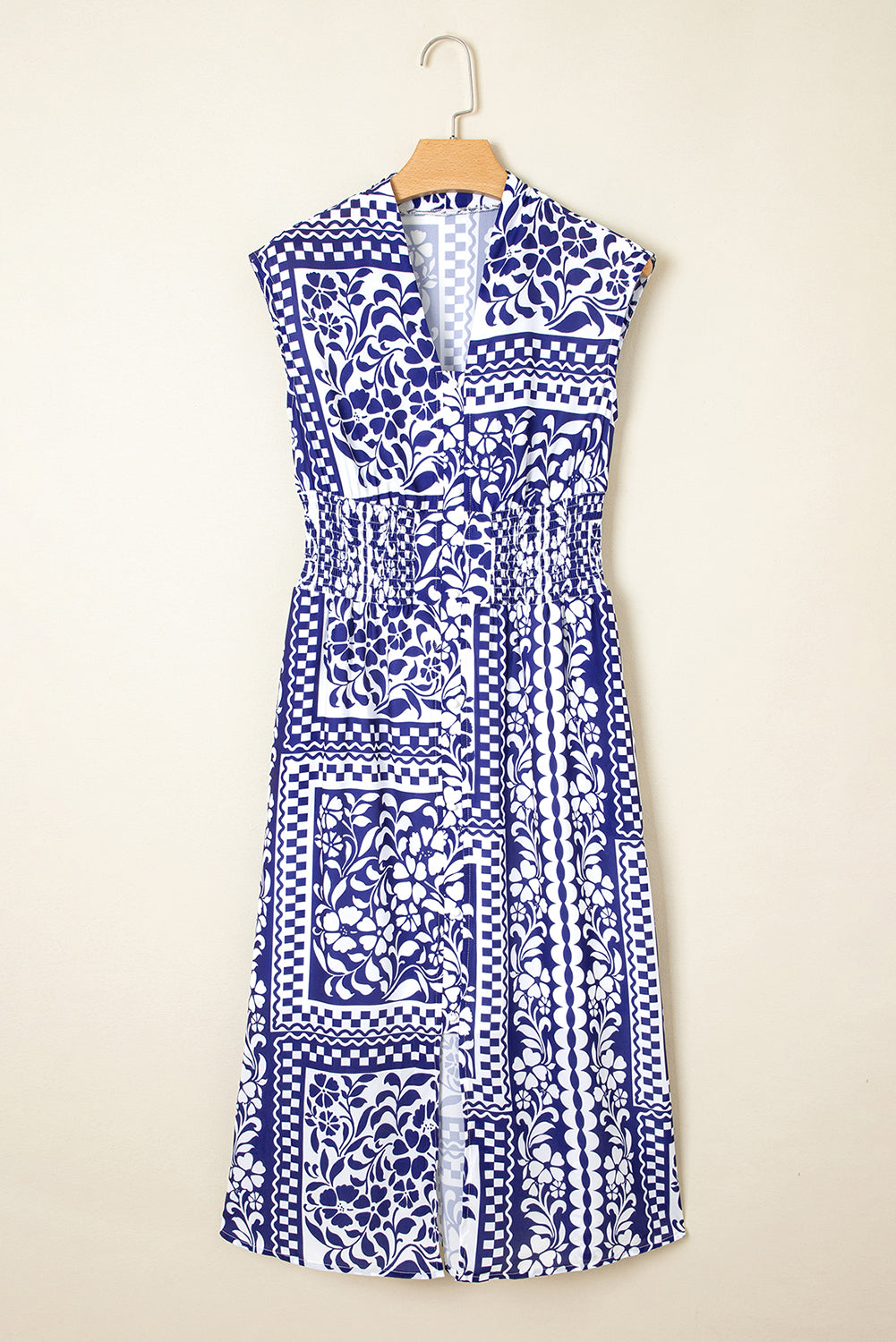 Dirty blue Shirred Waist V Neck Sleeveless Floral Print Midi Dress