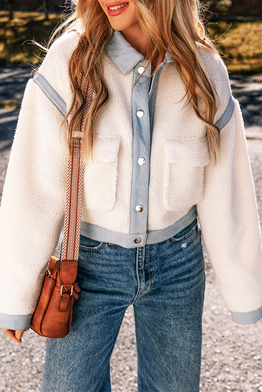 White Contrast Trim Buttoned Sherpa Jacket - Chic Meadow Boutique 