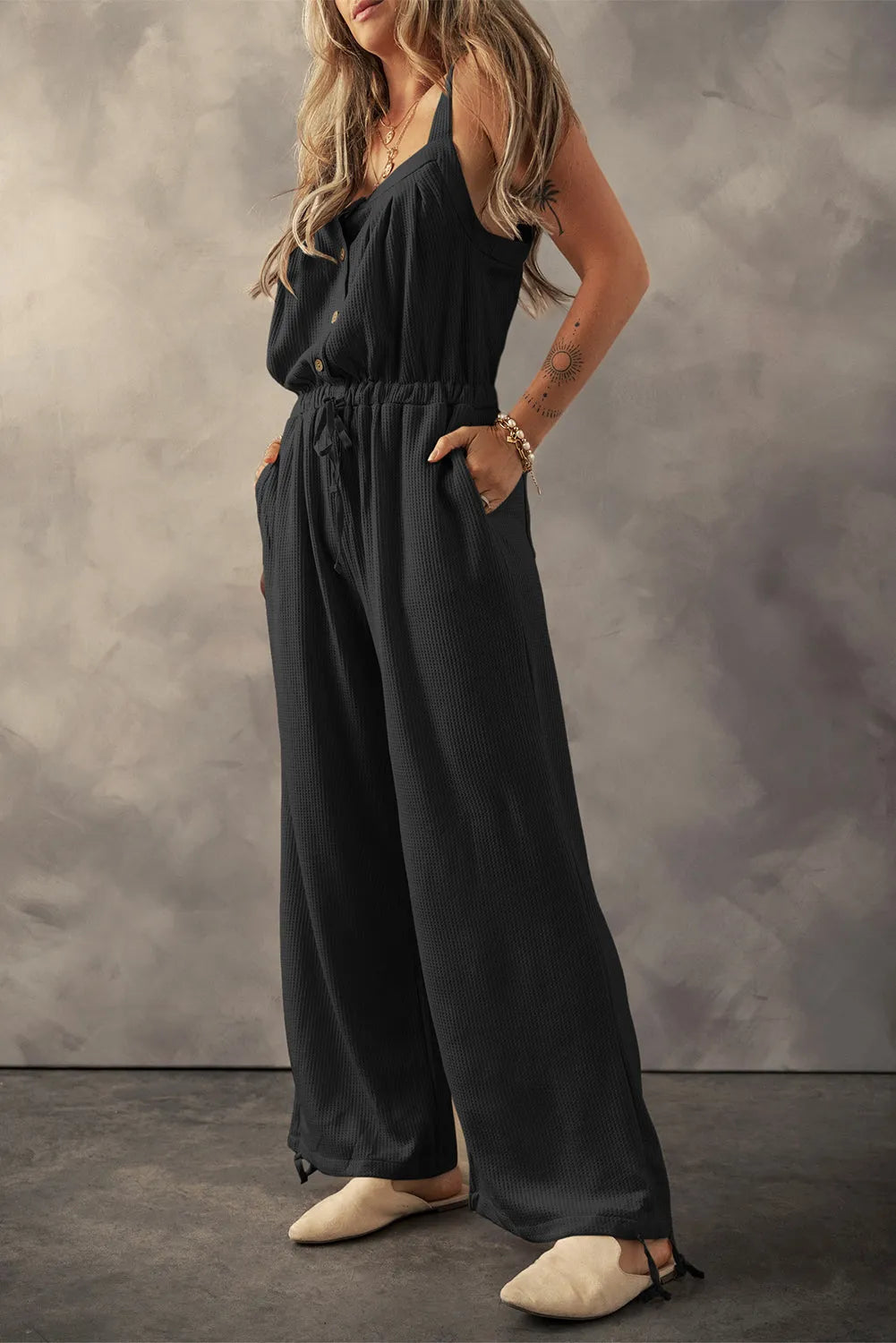 Black Knotted Straps Button Textured Drawstring Jumpsuit - Chic Meadow Boutique 