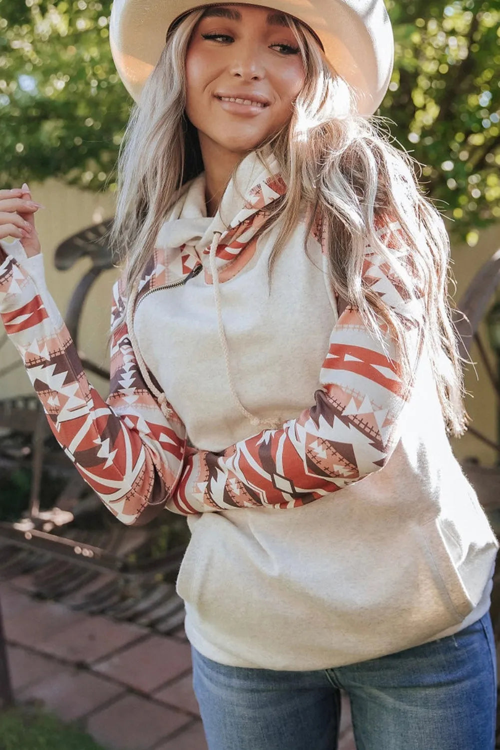 Western Aztec Print Patchwork Double 	Hood Hoodie - Chic Meadow Boutique 