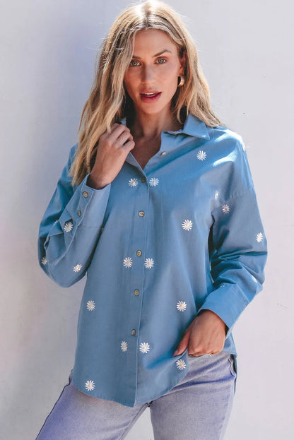 Dusk Blue Floral Embroidered Curved Hem Tunic Shirt - Chic Meadow Boutique 