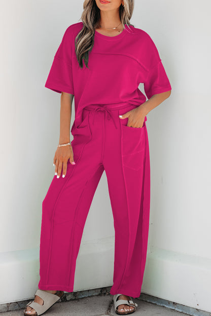 Rose Red Drop Shoulder Boxy Tee and Barrel Pants Set