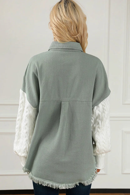 Green Cable Knit Sleeve Raw Hem Shacket - Chic Meadow Boutique 