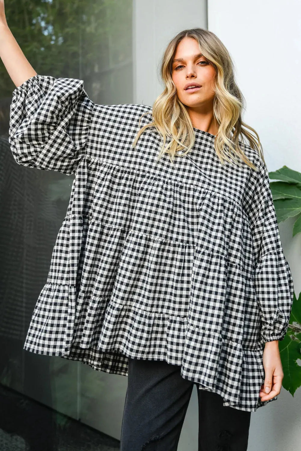 Black Checkered Puff Sleeve Tiered Loose Babydoll Blouse - Chic Meadow Boutique 