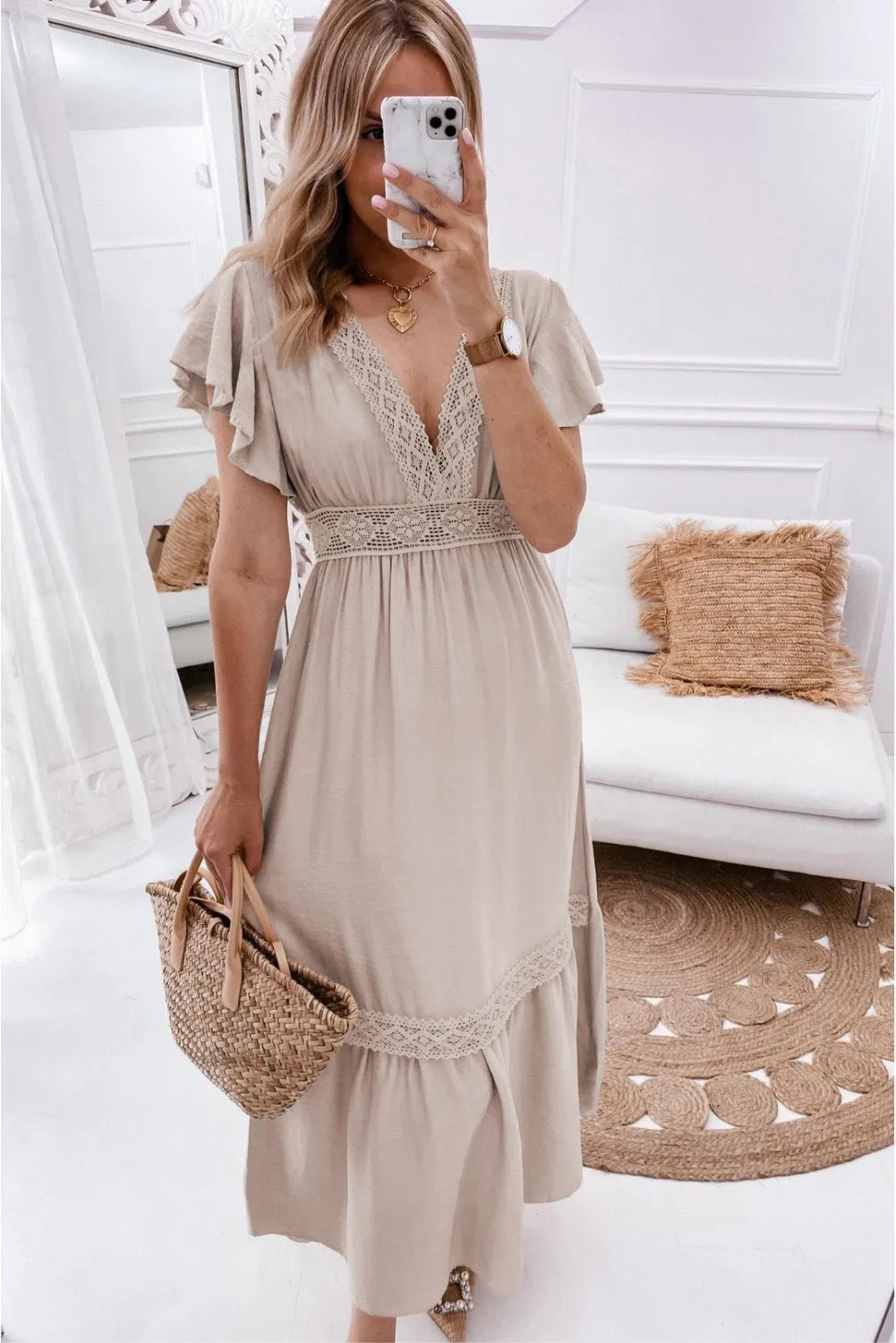 Oatmeal Lace V Neck Ruffled Sleeve Empire Waist Dress - Chic Meadow Boutique 