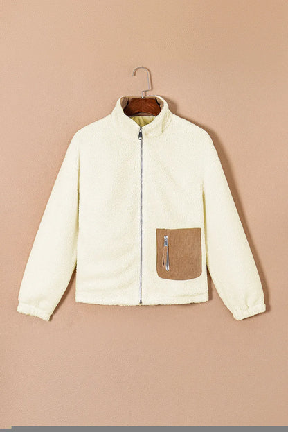 White Contrast Patched Pocket Zipped Sherpa Jacket - Chic Meadow Boutique 