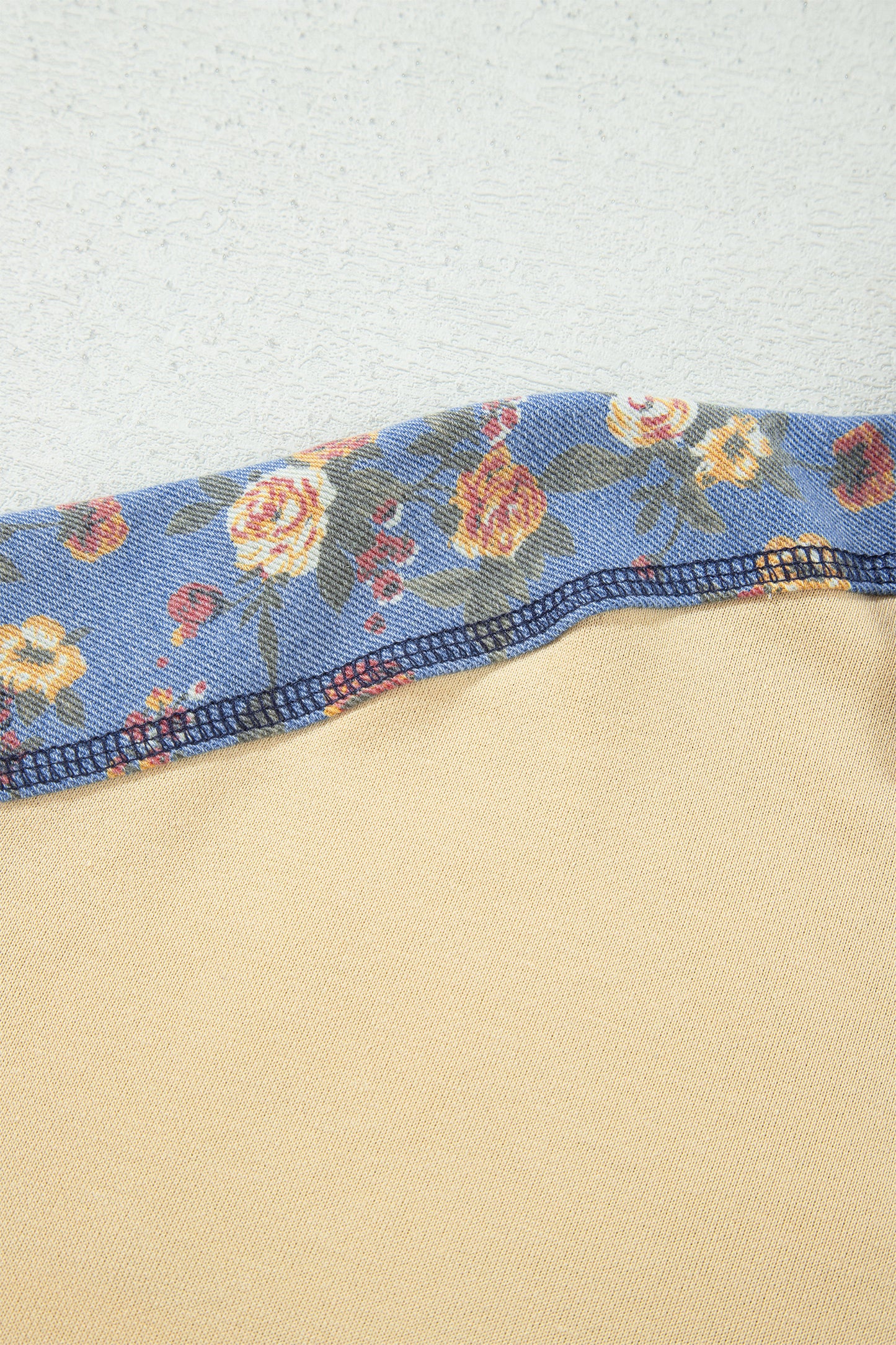 Apricot Floral Denim Patchwork Collar V Neck Long Sleeve Pullover Top