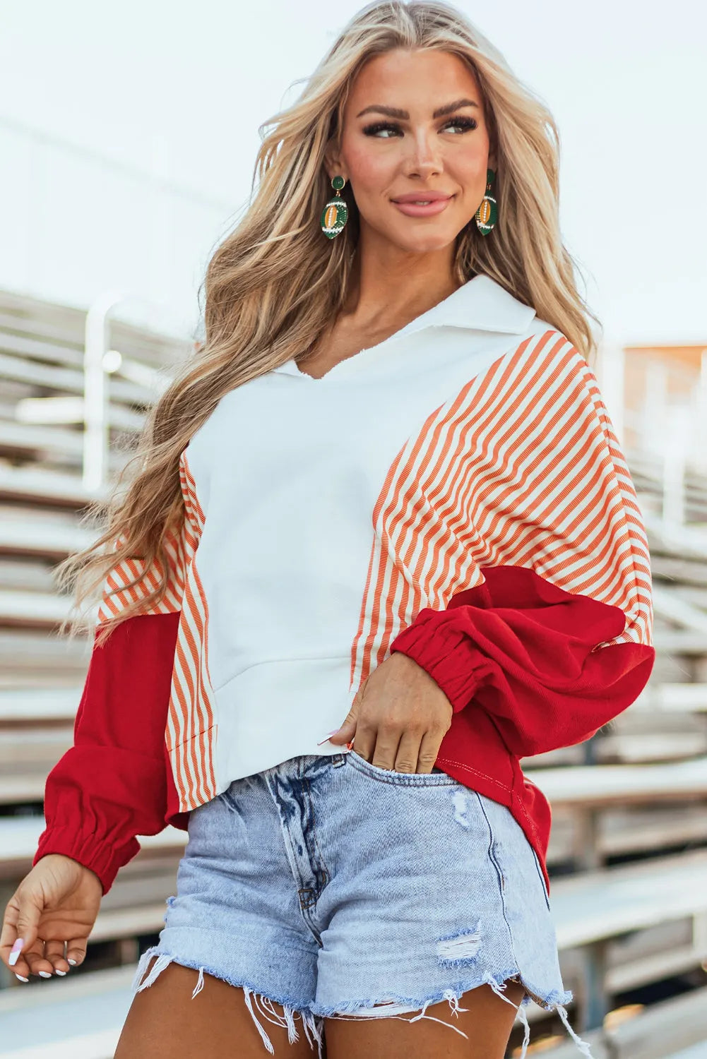 White Striped Color Block Collared V Neck Oversized Sweatshirt - Chic Meadow Boutique 