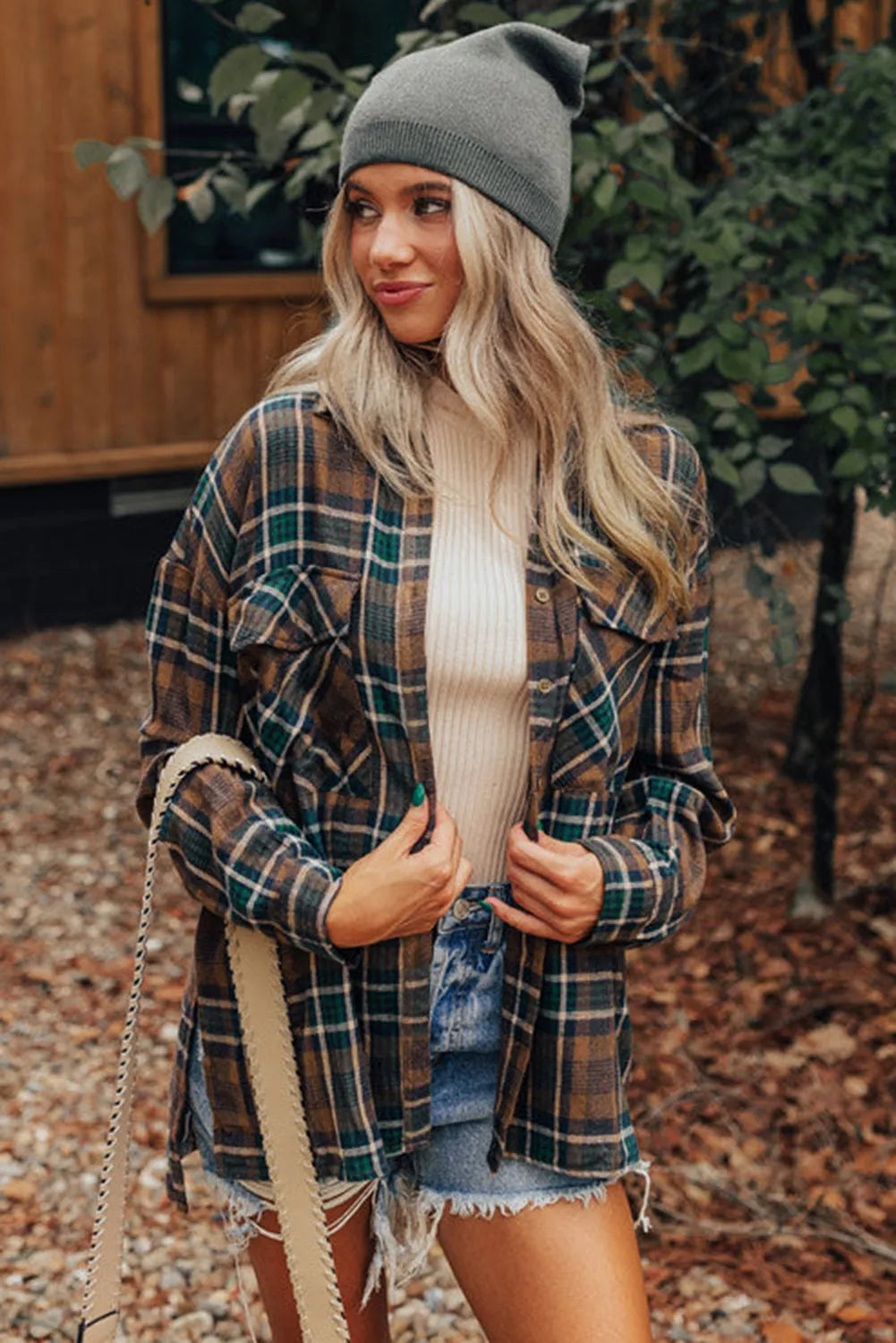 Brown Plaid Print Chest Pockets Buttoned Shirt Jacket - Chic Meadow Boutique 