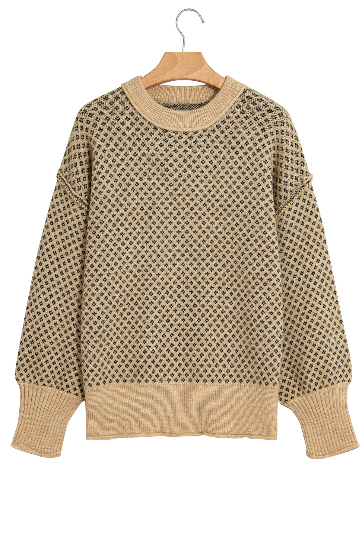 Khaki Geometric Print Drop Shoulder Round Neck Long Sleeve Sweater