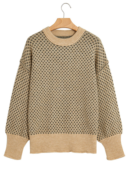 Khaki Geometric Print Drop Shoulder Round Neck Long Sleeve Sweater