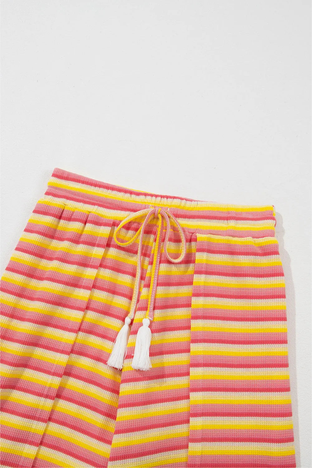 Yellow Stripe Rainbow Tee Tasseled String Wide Leg Pants Set - Chic Meadow Boutique 