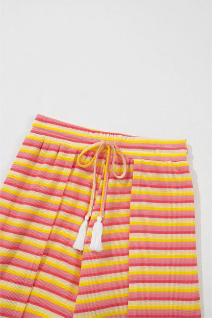 Yellow Stripe Rainbow Tee Tasseled String Wide Leg Pants Set - Chic Meadow Boutique 