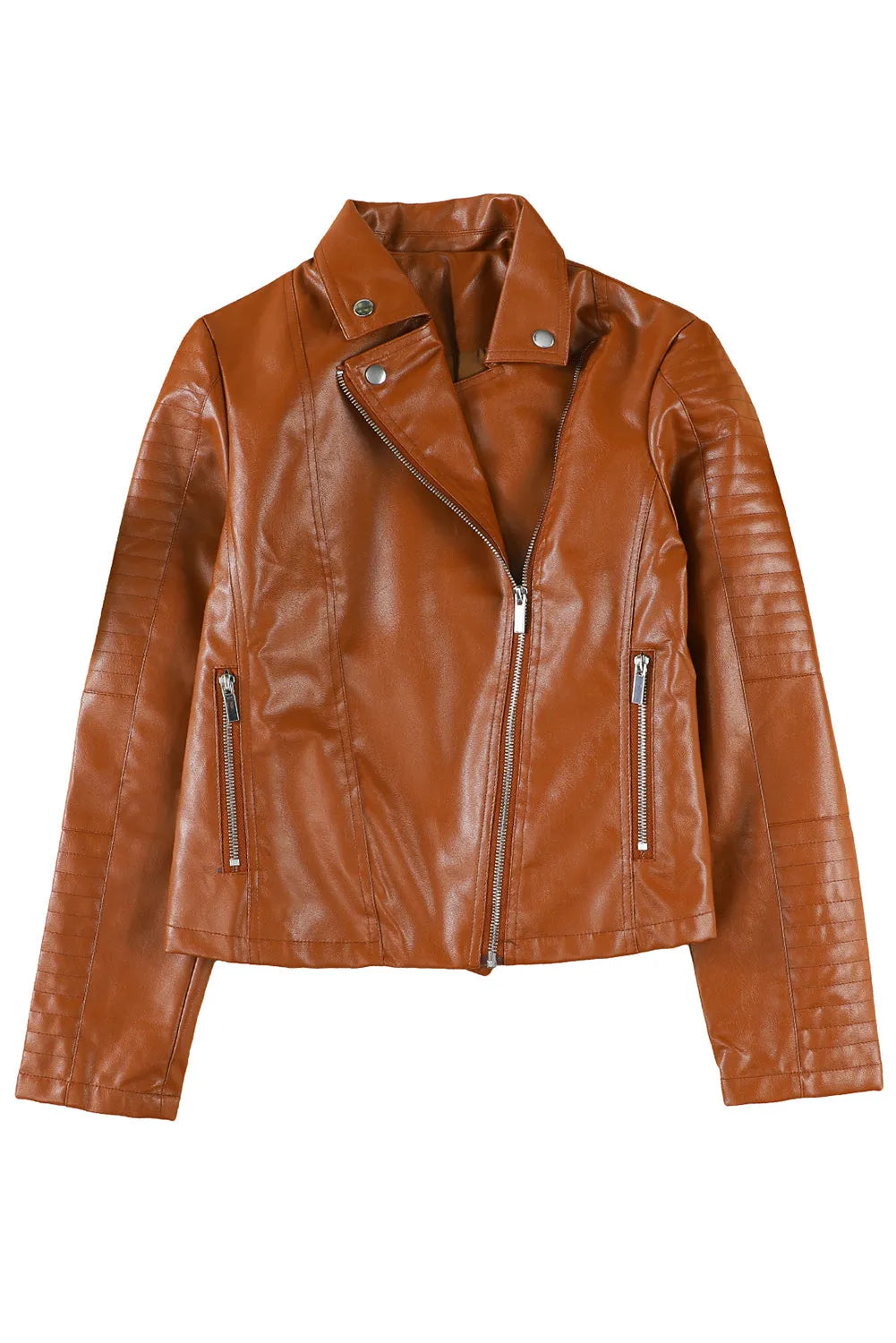 Brown Ribbed Seam Detail Faux Leather Zipped Motorcycle Jacket - Chic Meadow Boutique 