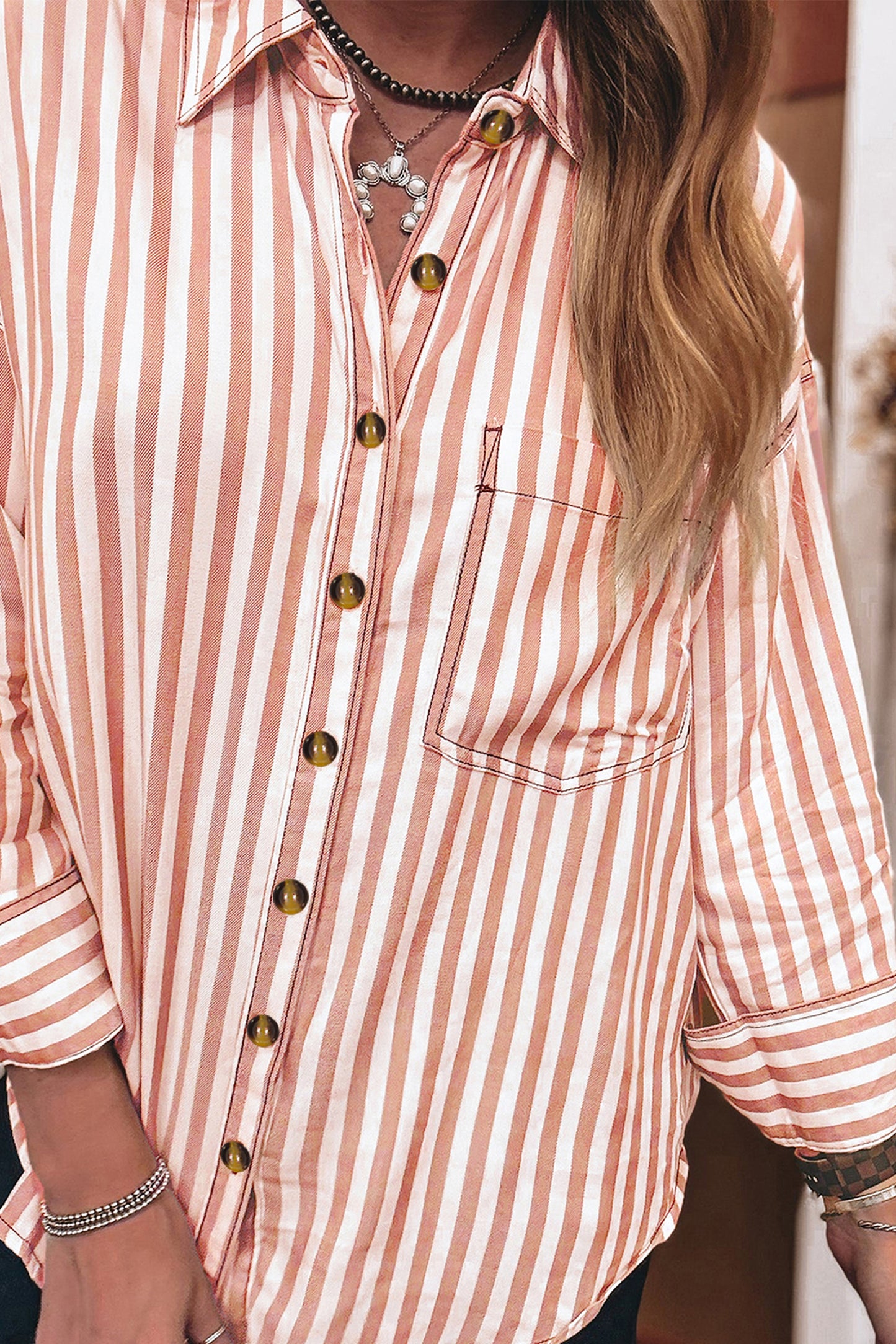 Brown Stripe Western Button Down Long Sleeve Casual Shirt