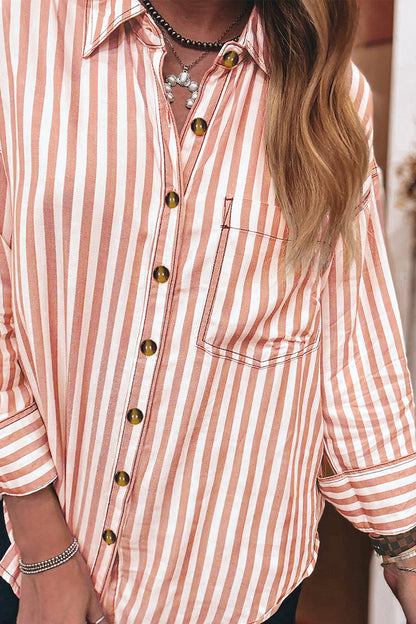 Brown Stripe Western Button Down Long Sleeve Casual Shirt