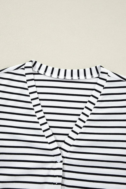 White Stripe Slim Fit Buttoned V Neck Long Sleeve T Shirt - Chic Meadow Boutique 