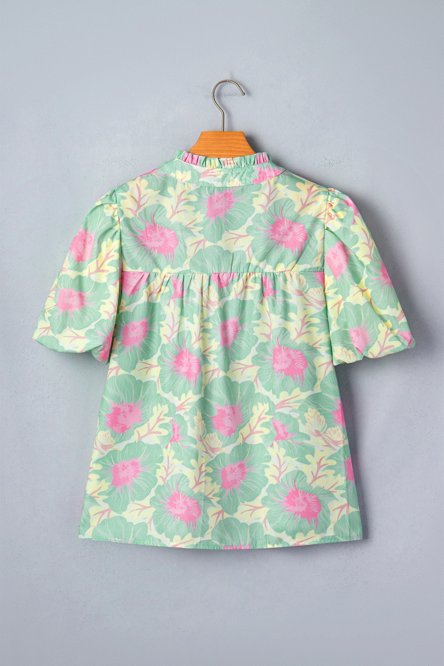 Green Short Bubble Sleeve Summer Floral Blouse