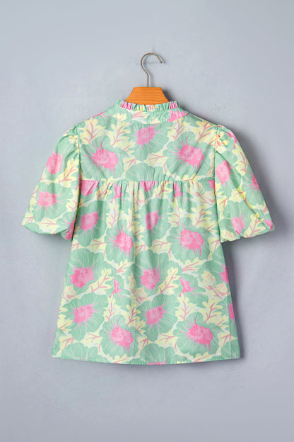 Green Short Bubble Sleeve Summer Floral Blouse