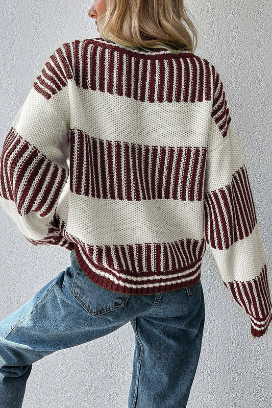 Brown Two Tone Striped Patchwork Drop Shoulder Loose Sweater