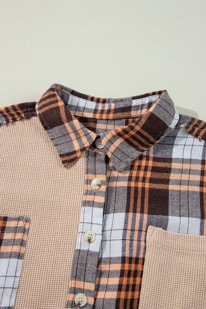 Outerwear/Plaid Shackets Khaki Thermal Knit Plaid Patchwork Shacket