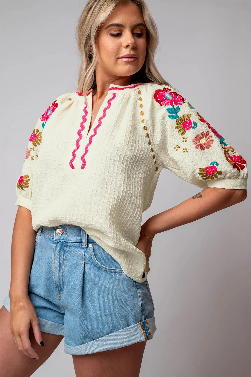 Beige Floral Embroidered Ricrac Puff Sleeve Textured Blouse - Chic Meadow Boutique 