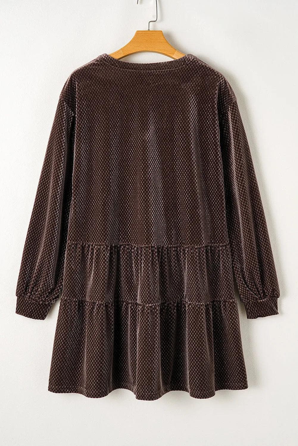 Dresses/Mini Dresses Dark Brown Textured Velvet V Neck Shift Dress