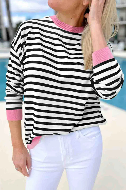 Black Striped Contrast Edge Long Sleeve Top - Chic Meadow Boutique 