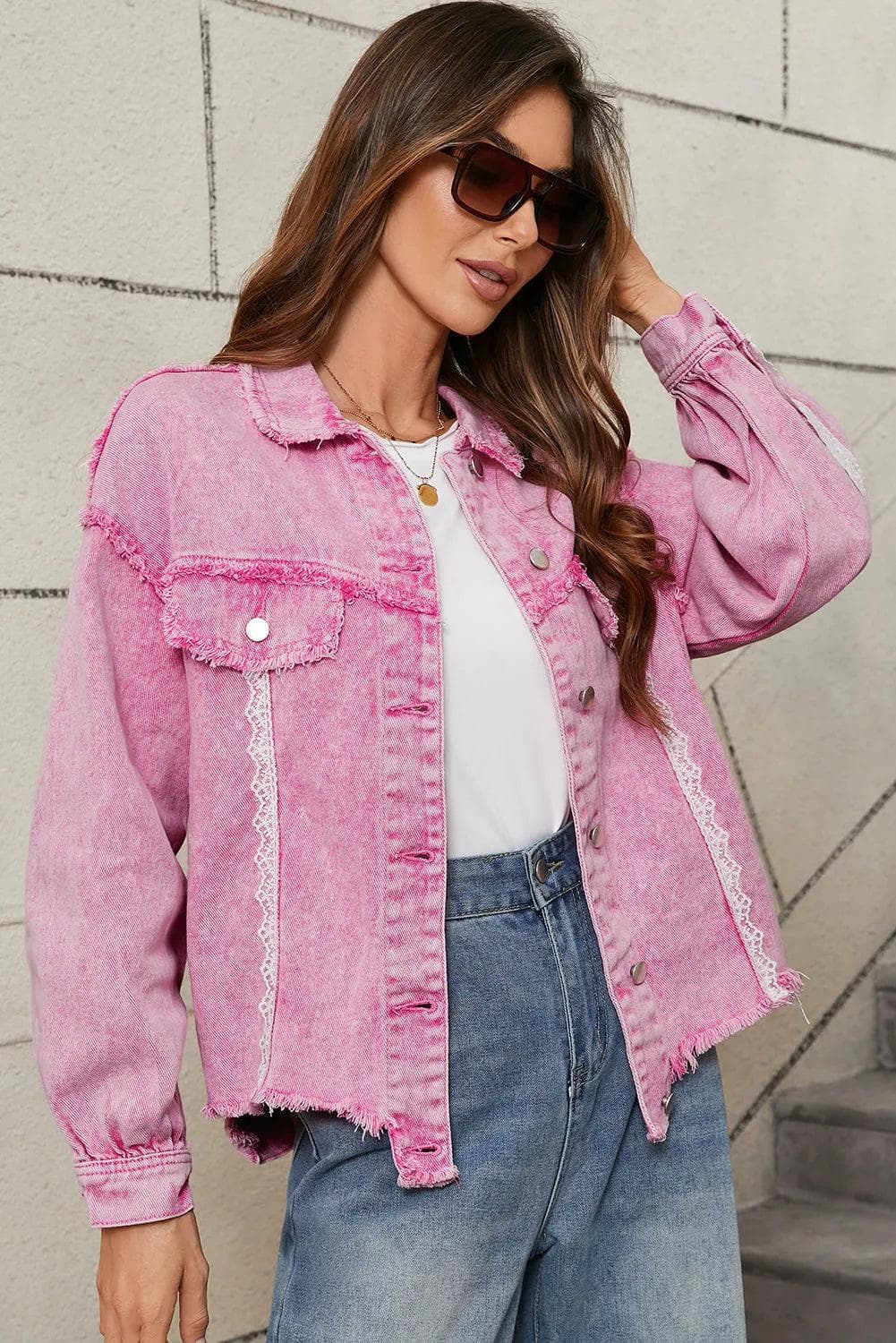 Outerwear/Denim jackets Pink Lace Patchwork Distressed Buttoned Denim Jacket