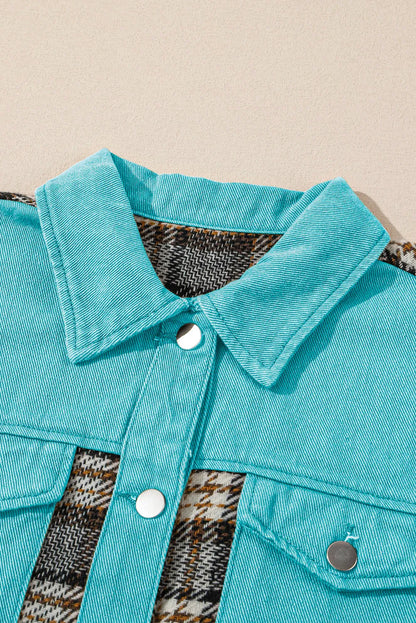 Sky Blue Plaid Patchwork Pockets Denim Jacket - Chic Meadow Boutique 