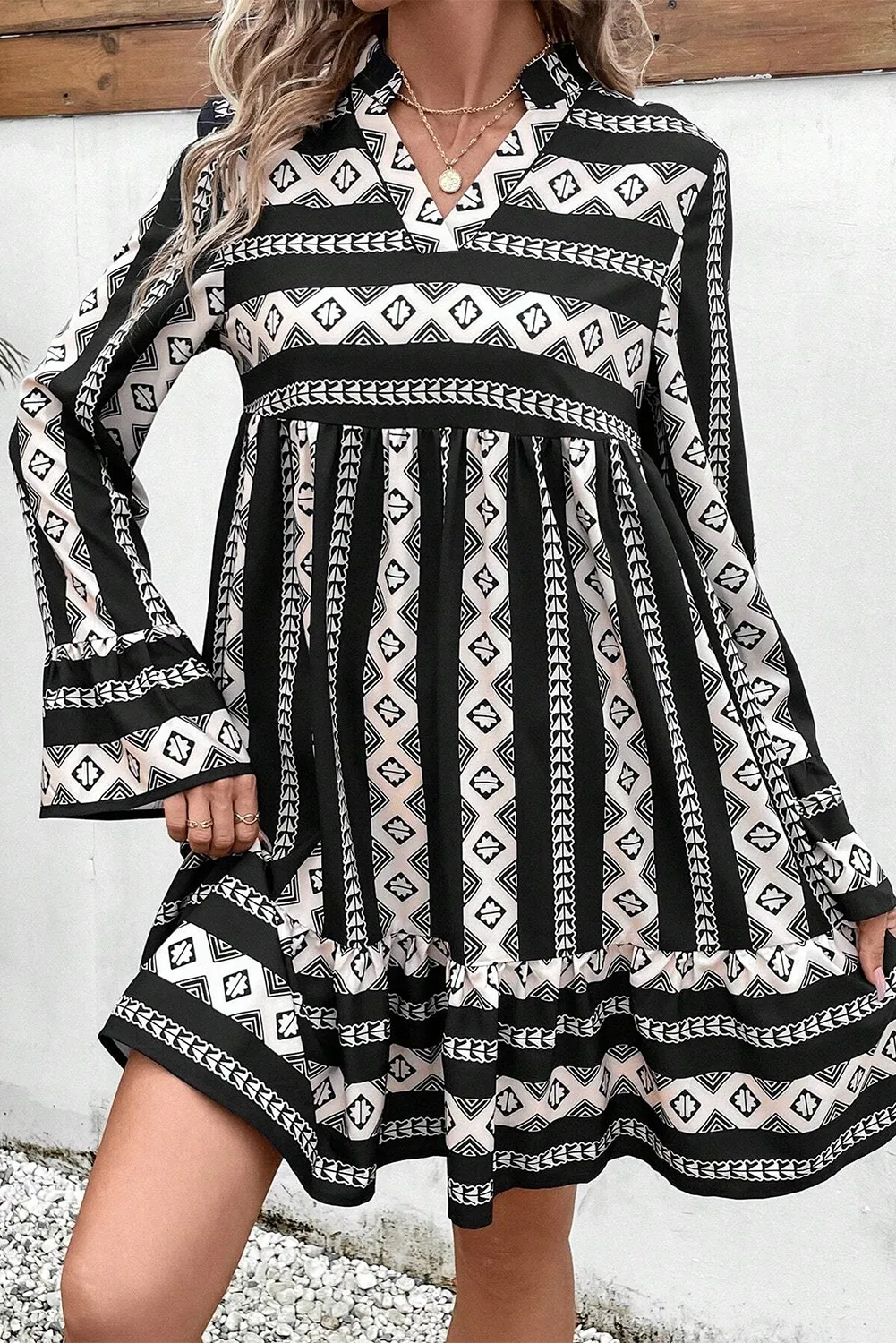 Black Boho Geometric Printed Flared Long Sleeve Mini Dress - Chic Meadow Boutique 