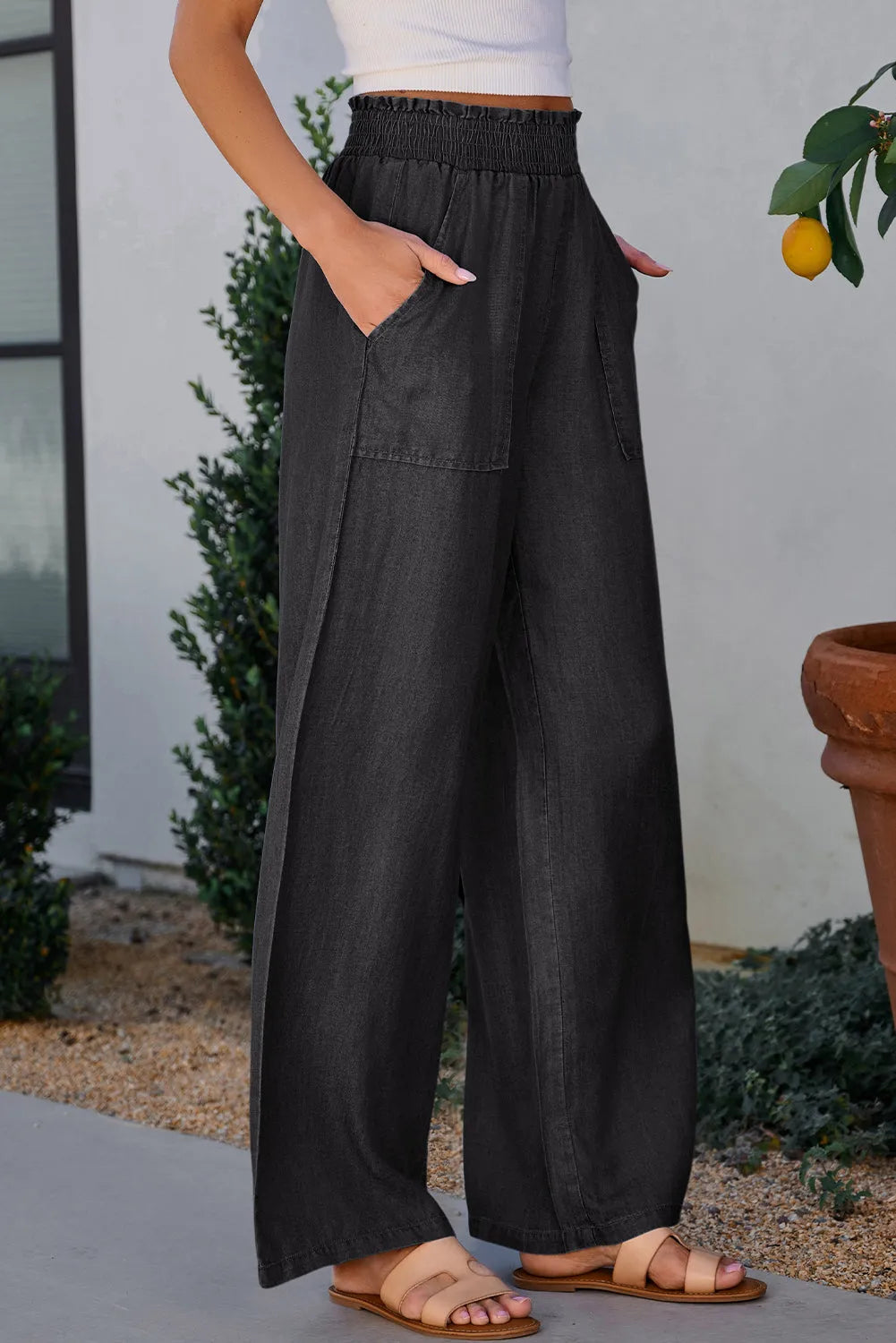 Black Side Pockets Frilled Smocked High Waist Wide Leg Jeans - Chic Meadow Boutique 