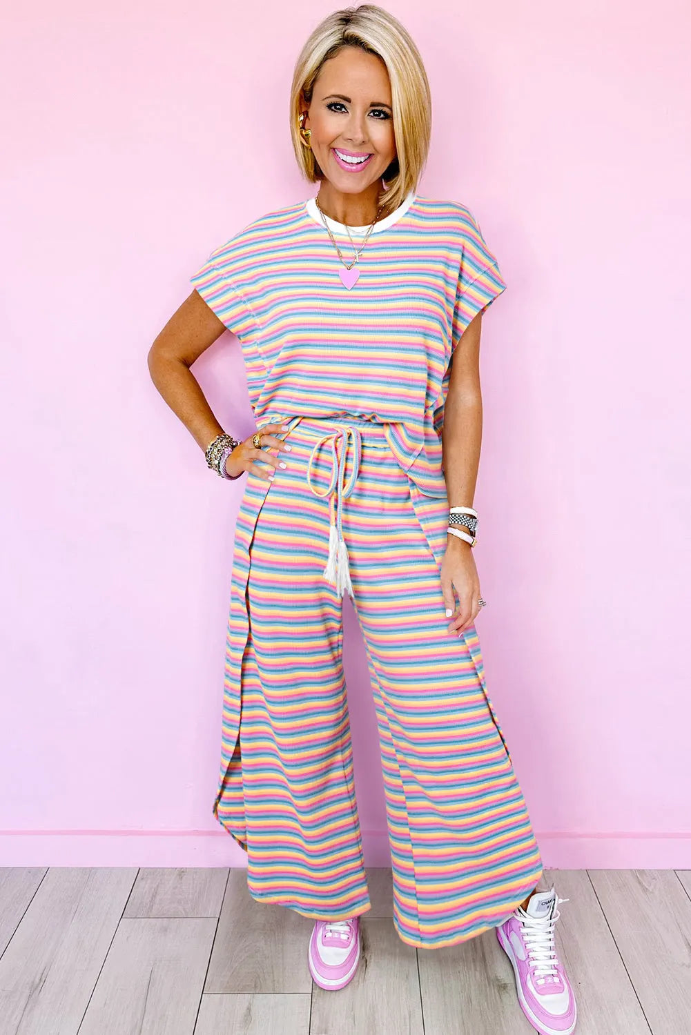 Pink Stripe Rainbow Tee Tasseled String Wide Leg Pants Set - Chic Meadow Boutique 