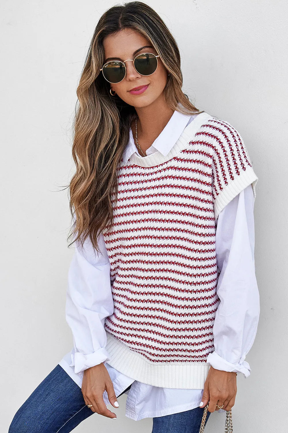 Red Stripe Ribbed Trim Loose Fit Knitted Sweater Vest - Chic Meadow Boutique 