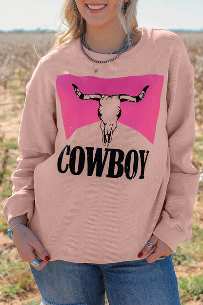 Pink Steer Head Cowboy Print Corded Pullover Sweatshirt - Chic Meadow Boutique 