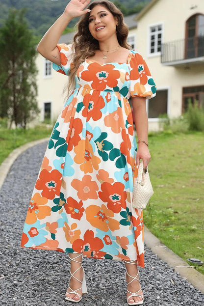 Plus Size/Plus Size Dresses/Plus Size Maxi Dresses Orange Plus Size Flower Print Shirred Square Neck Maxi Dress