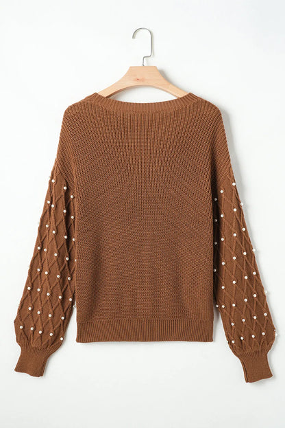 Chestnut Beaded Drop Shoulder Round Neck Sweater - Chic Meadow Boutique 