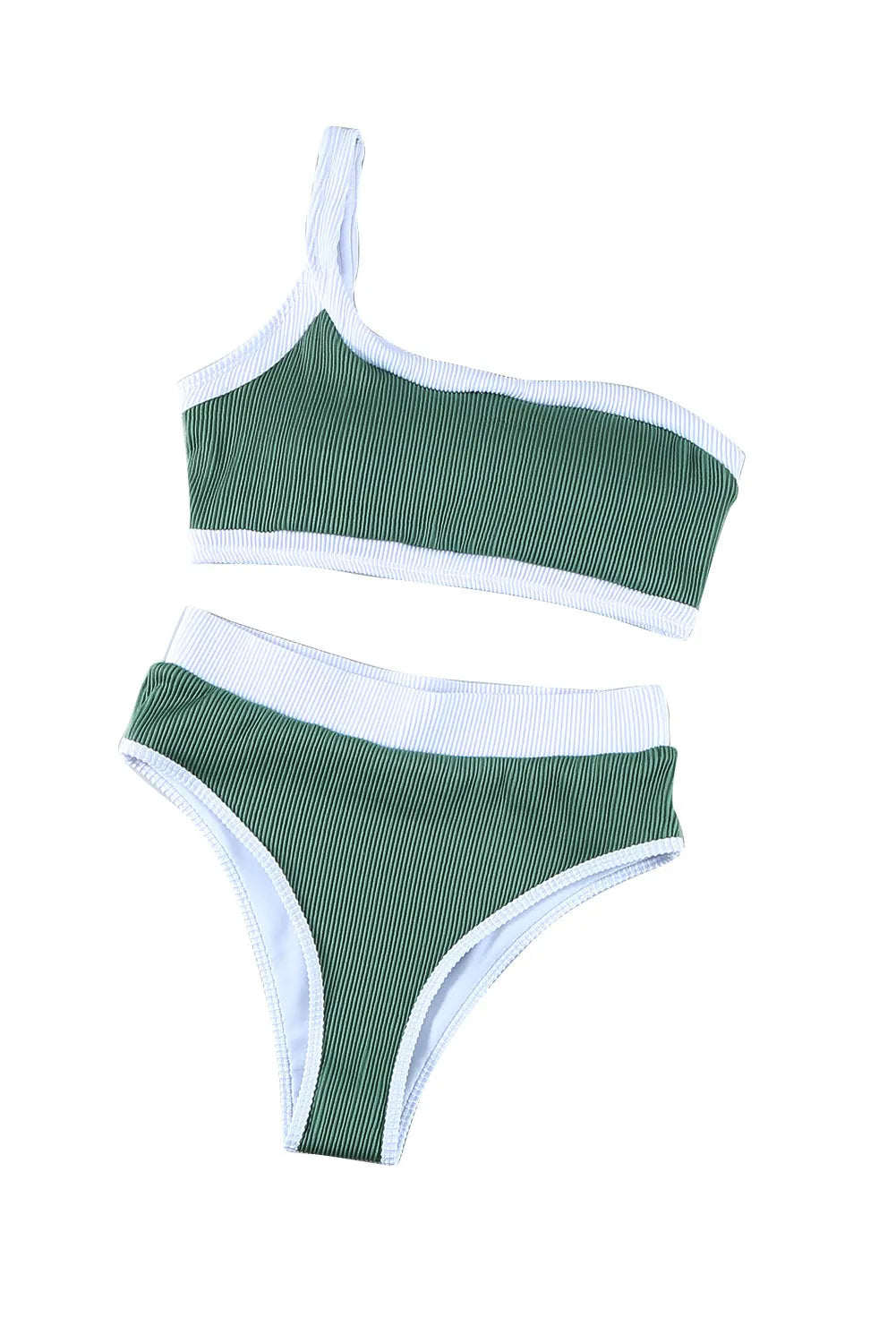 Green One Shoulder Patchwork High-waisted Bikini Set - Chic Meadow Boutique 