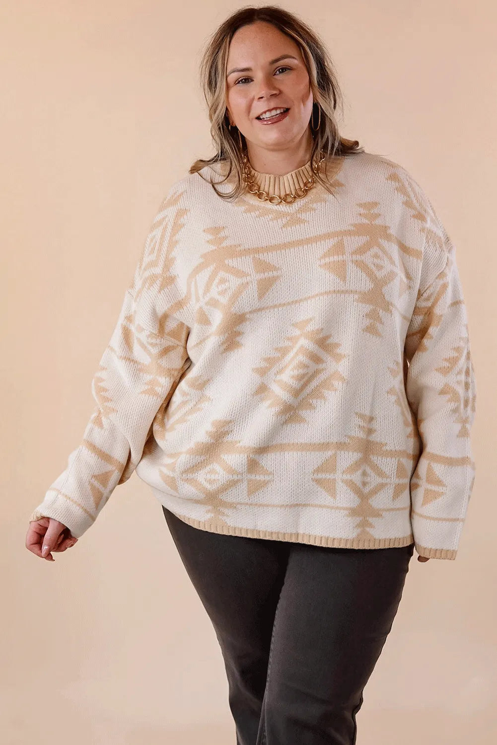 Apricot Plus Size Western Aztec Print Loose Sweater - Chic Meadow Boutique 