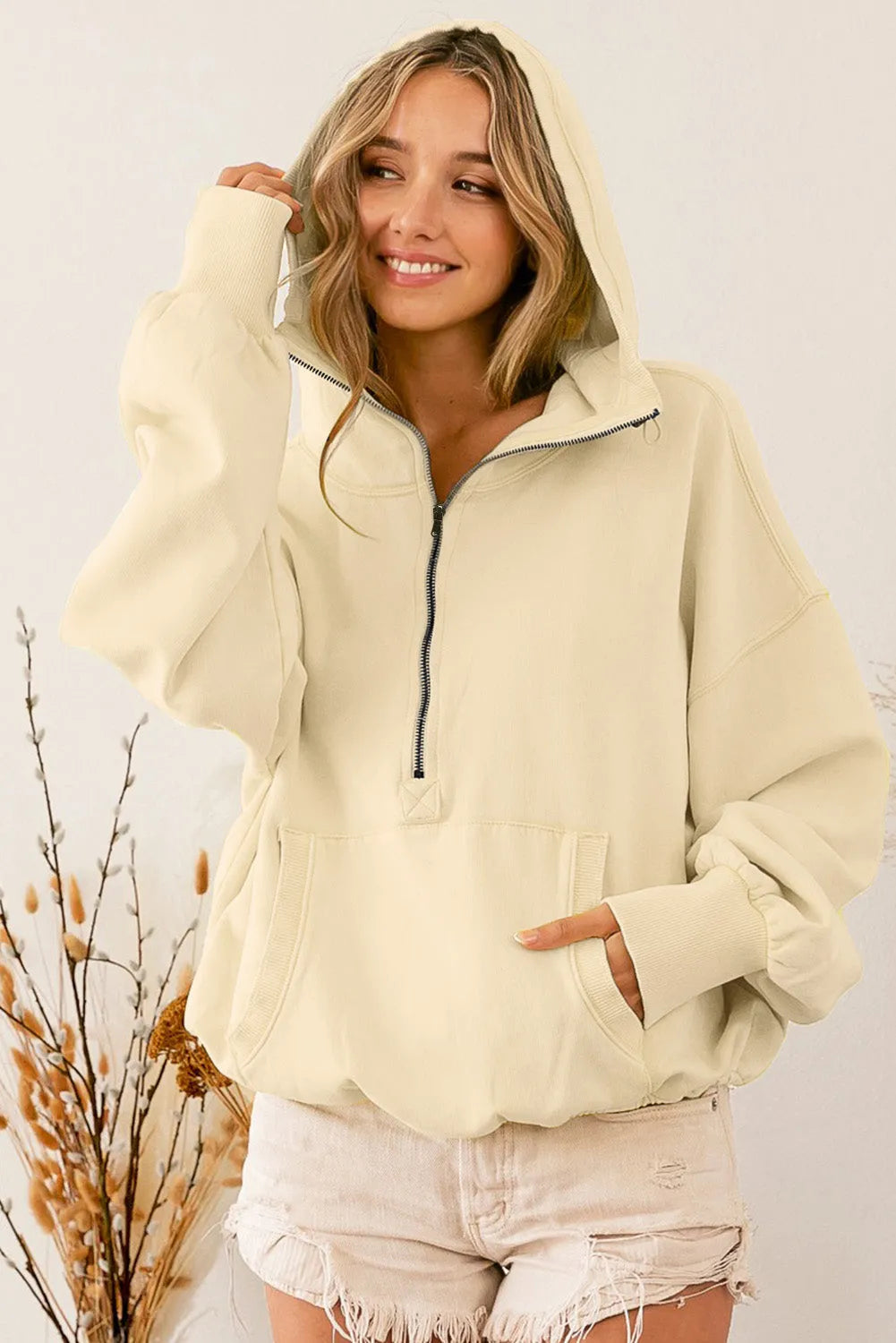 Beige Ribbed Trim Kangaroo Pocket Zipped Hoodie - Chic Meadow Boutique 