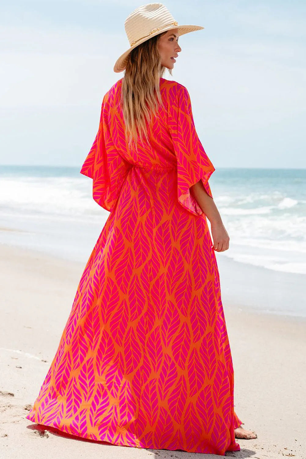 Orange Leafy Print 3/4 Sleeve V Neck Buttoned Split Maxi Dress - Chic Meadow Boutique 