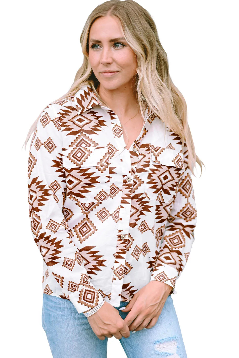 White Western Aztec Pattern Button Flap Pocket Shirt - Chic Meadow Boutique 