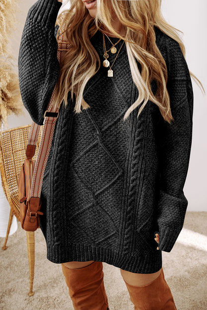 Black Cable Knit Drop Shoulder Loose Fit Sweater Dress