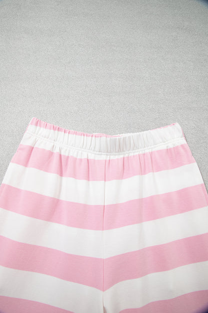 Pink Stripe Color Block Patchwork Zip Long Sleeve Top Elastic Waist Pants Set