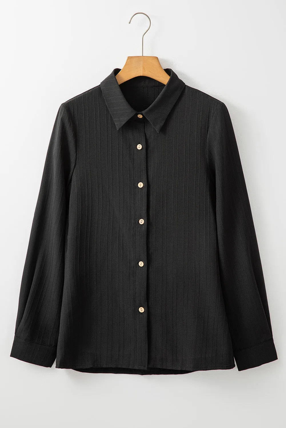 Black Solid Color Textured Buttoned Turn Down Collar Shirt - Chic Meadow Boutique 