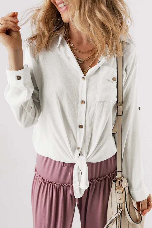 White Roll up Sleeve Knotted Casual Shirt - Chic Meadow Boutique 