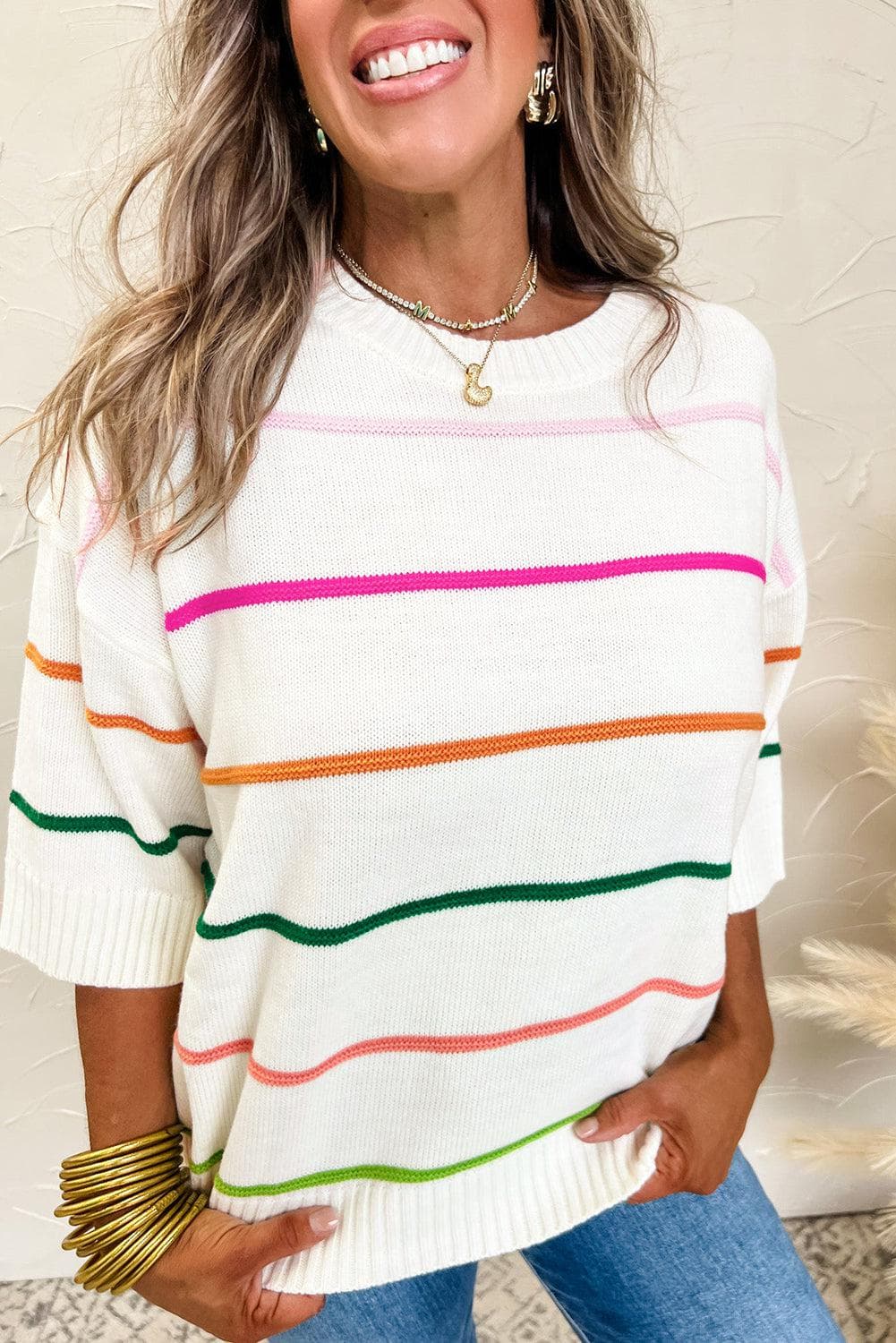 Sweaters & Cardigans/Short Sleeve Sweaters White / S / 50%Viscose+28%Polyester+22%Polyamide White Colorblock Striped Half Sleeve Drop Shoulder Sweater