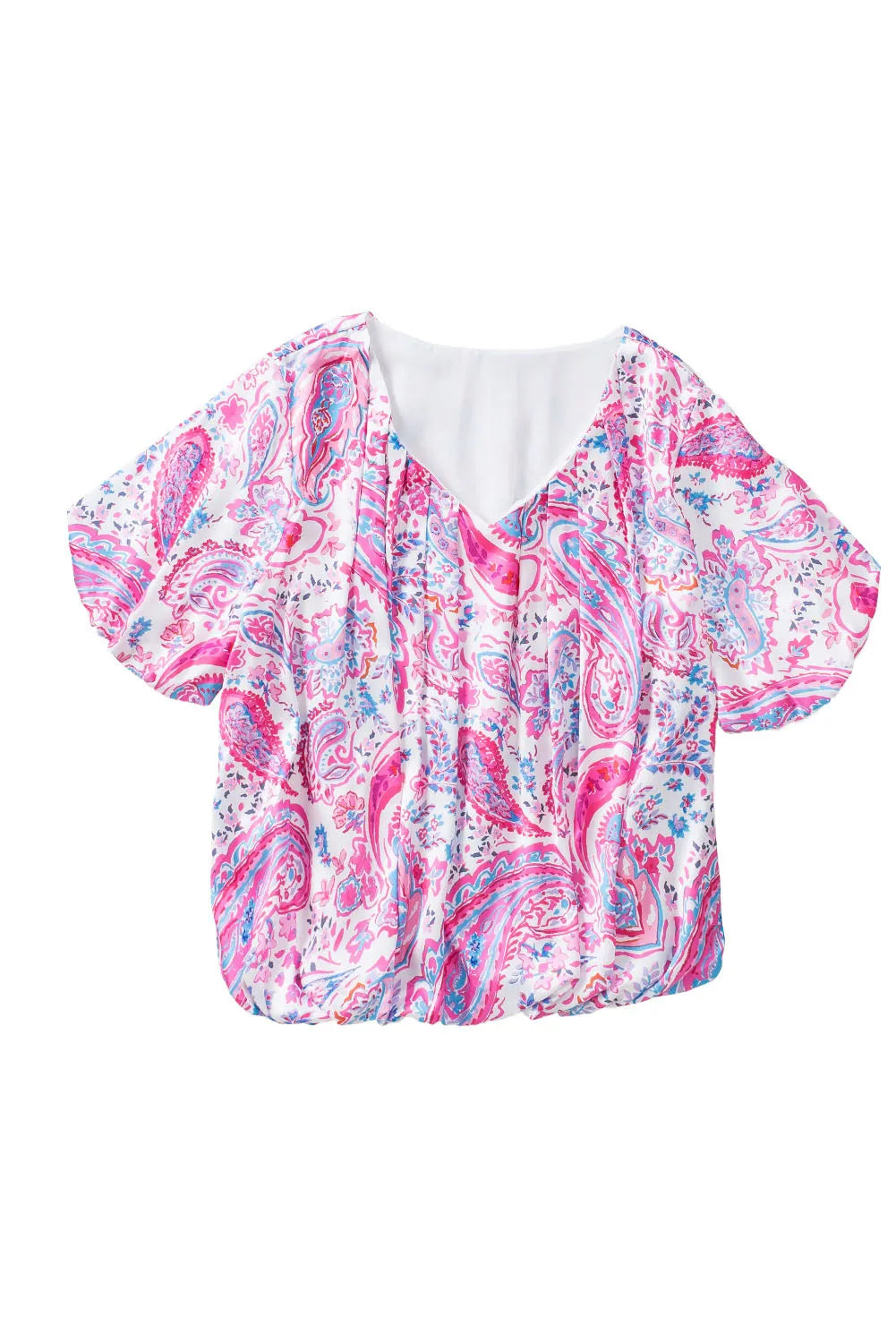 Paisley Pattern Print Puff Sleeve V Neck Blouse - Chic Meadow Boutique 